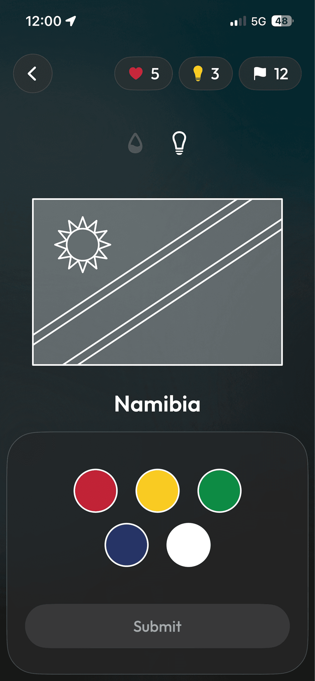 What The Flag game screen: colouring in the flag of Namibia