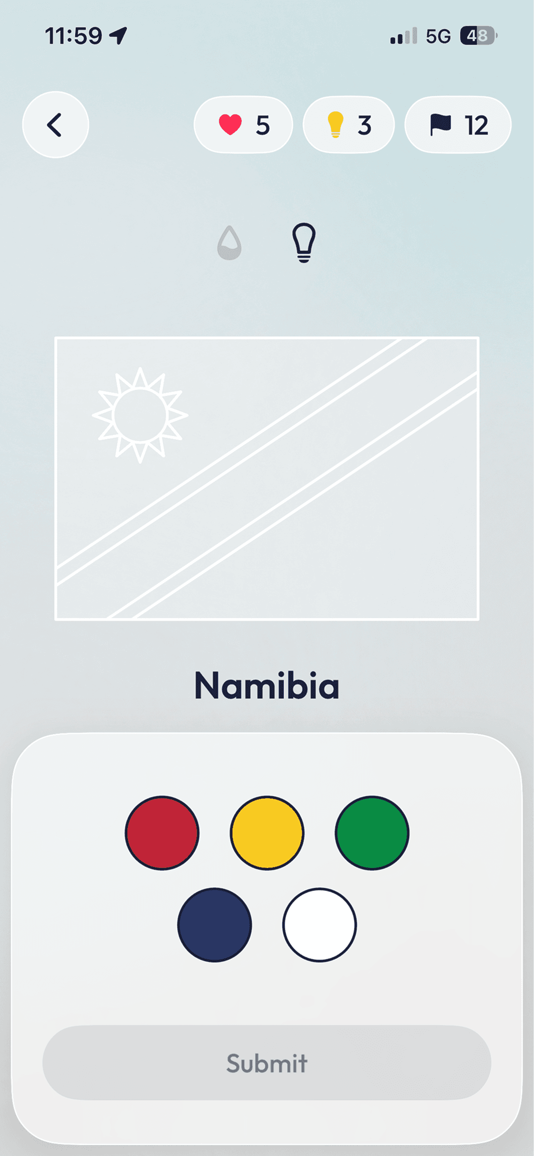 What The Flag game screen: colouring in the flag of Namibia
